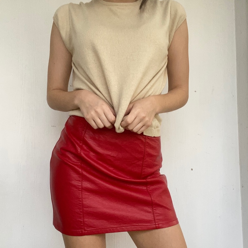 Bright red faux leather skirt